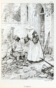 Illustrazione dal libro “La Grande Guerre par les artistes”: “La sigaretta settembre 1914” religioso che dà una sigaretta a un soldato ferito da pseudonym for Onfray de Breville Jacques Job