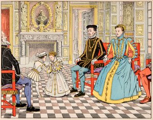 Illustrazione dal libro “Le bon roy Henri”, illustrato da Jacques Marie Gaston Onfray de Breville detto JOB: Antonio di Borbone lo portò a Parigi e lo presentò a suo cugino Enrico II, che gli offrì la mano di sua figlia Margherita da pseudonym for Onfray de Breville Jacques Job