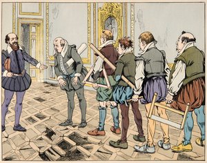 Illustrazione dal libro “Le bon roy Henri”, illustrato da Jacques Marie Gaston Onfray de Breville detto JOB: Sully mostra una severa economia da pseudonym for Onfray de Breville Jacques Job