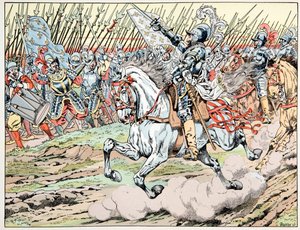 Illustrazione tratta dal libro "Le bon roy Henri", illustrata da Jacques Marie Gaston Onfray de Breville detto JOB (1858-1931): Enrico IV davanti al suo esercito: Seguite la mia piuma bianca - Collezione privata da pseudonym for Onfray de Breville Jacques Job