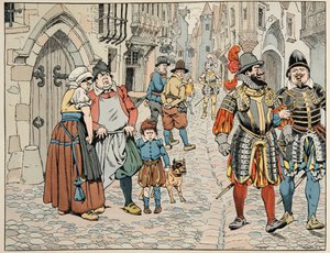 Illustrazione tratta dal libro "Le bon roy Henri", illustrata da Jacques Marie Gaston Onfray de Breville detto JOB (1858-1931): I parigini vedono con cattivo occhio le truppe straniere venute ad aiutarli - Collezione privata
