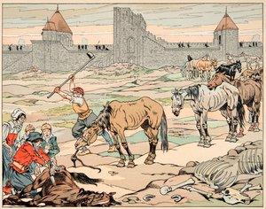 Illustrazione tratta dal libro “Le bon roy Henri”, illustrata da Jacques Marie Gaston Onfray de Breville detto JOB (1858-1931): I parigini affamati macellano i loro cavalli - Collezione privata da pseudonym for Onfray de Breville Jacques Job