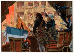 A Firenze, nella sala del teatro, Gioacchino Murat (1767-1815) e un ambasciatore russo uniscono le loro bandiere con grande gioia dei presenti. Incisione di Jacques Marie Gaston Onfray de Breville detto Job (1858-1931)