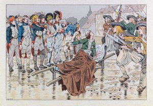 Illustrazione dal libro Les épées de France: Il marchese de Bonchamps ferito mortalmente dopo la battaglia di Cholet nel 1793 salva prigionieri repubblicani dalle mani dei chouan da pseudonym for Onfray de Breville Jacques Job