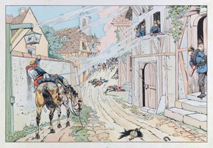 Jacques Marie Gaston Onfray de Breville detto JOB (1858-1931); Illustrazione dal libro "Les épées de France": Episodio della guerra franco-prussiana del 1870, Assalto dato dai 9° Corazzieri nel villaggio di Morsbronn; Coll, Part da pseudonym for Onfray de Breville Jacques Job
