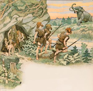 Durante la preistoria, uomini delle caverne proteggono le loro famiglie da un attacco di mammut