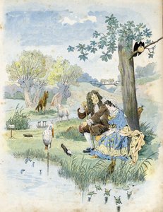Jean de La Fontaine (1621-1695) parla con una giovane ragazza. Intorno a loro, animali presenti nelle favole del poeta: lupo, agnello, cicogna, tartaruga, topo, rana, lepre, volpe, corvo... In 