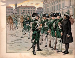 Joachim Murat (1767-1815) si unì al Reggimento dei Cacciatori delle Ardenne nel 1787. Incisione di Jacques Marie Gaston Onfray de Breville detto Job da pseudonym for Onfray de Breville Jacques Job