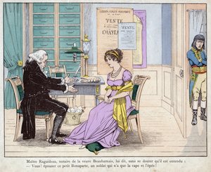 Giuseppina e il notaio - Maitre Raguideau, notaio della vedova Beauharnais, le disse: Sì! Sposare questo piccolo Bonaparte - litografia di Job (Jacques Onfroy de Breville) da 