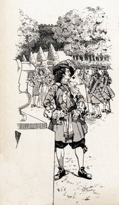 Re Luigi XIV di Francia detto Re Sole con i suoi cortigiani nei giardini di Versailles. Illustrazione di Job per il libro 