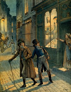 Louis Antoine Fauvelet de Bourrienne (1769-1834) e Napoleone I Bonaparte (1769-1821) per le strade di Parigi in incognito. Illustrazione di Jacques Marie Gaston Onfray de Breville detto JOB (1858-1931). Collezione privata da pseudonym for Onfray de Breville Jacques Job