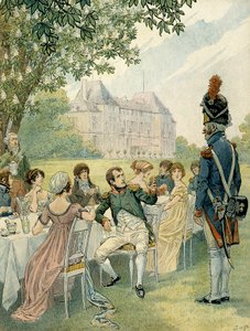 Napoleone I Bonaparte (1769-1821) durante un pranzo nei giardini del castello di Malmaison. Illustrazione di Jacques Marie Gaston Onfray de Breville detto JOB (1858-1931). Collezione privata da pseudonym for Onfray de Breville Jacques Job