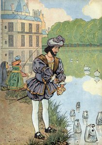 Scena della storia di Francia con giocattoli: il re di Francia Francesco I (1494-1547) dà pane ai pesci del parco di Fontainebleau. In "Joujoux à l