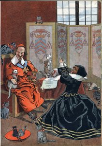 Scena della storia di Francia nei giocattoli: donna che implora il perdono del cardinale Richelieu (1585-1642) circondata da gatti. In "Joujoux a l