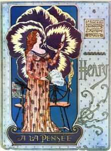 Art Nouveau: manifesto pubblicitario per il negozio di cosmetici Henry a la Pensée a Parigi. Una giovane donna si ammira in uno specchio, dietro di lei un fiore di pensiero. Illustrazione di L. Trianon da pseudonym of Trinquier Louis Trinquier Trianon