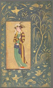 Giovane che tiene un melograno; Illustrazione da un manoscritto a pagina singola da style of Riza yi Abbasi
