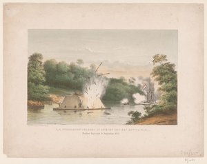 Z.M. Nave a vapore Celebes in combattimento con una kotta-mara. Poeloe Kanamit, 6 agosto 1859 da weduwe Elias Spanier and Zn