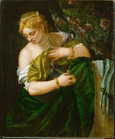 Lucrezia, nobildonna romana sposata a Tarquinio Collatino, si suicida dopo essere stata violentata dal figlio di Tarquinio Superbo (olio su tela) da (1528-88) Veronese