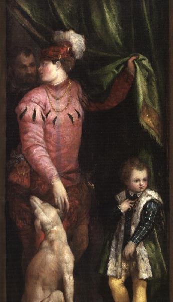 Un giovane con un ragazzo elegantemente vestito e un levriero da Veronese