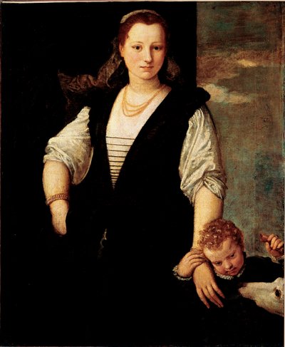 Ritratto di una donna con un bambino e un cane da Veronese