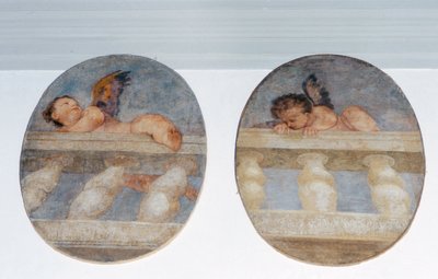 Due putti alati che scalano una balaustra, tondi dalla sacrestia da Veronese