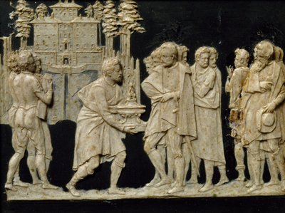 Presentazione a Francesco I del modello della fontana a Pratolino, di Jean de Boulogne alias Giambologna, piastrella in cera da Giambologna