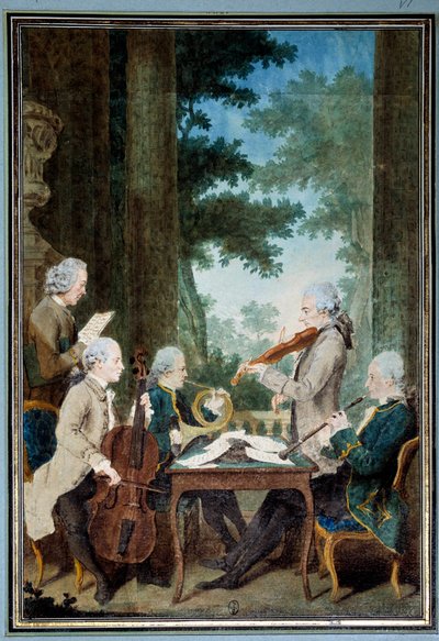 Gentiluomini Duport, Vachon, Rodolphe, Provers e Vernier. Ritratto di un gruppo di musicisti durante un concerto. Acquerello di Louis Carrogis detto Carmontelle. XVIII secolo. Chantilly, Museo Condé da Carmontelle