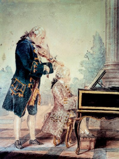 Wolfgang Amadeus Mozart bambino che suona il pianoforte con suo padre Leopold (acquerello di Louis Carrogis Carmontelle) da Carmontelle