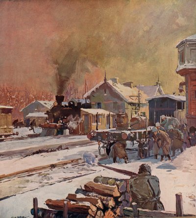 Battaglia tra truppe rosse e bianche in una stazione ferroviaria, Guerra Civile Russa da (after) Carrey