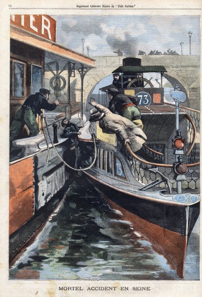 Incidente mortale sulla Senna: un dipendente della compagnia des Bateaux Parisiens muore schiacciato tra due barche vicino al ponte di Charenton. Incisione in "Le Petit Parisien" del 17/02/1901 da (after) Carrey