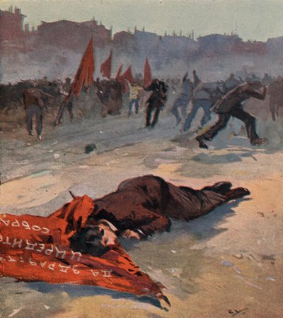 Uccisione di un attivista del Partito Socialista Rivoluzionario di nome Gorbachevskaya da parte delle Guardie Rosse bolsceviche durante una manifestazione, Pietrogrado, Russia da (after) Carrey