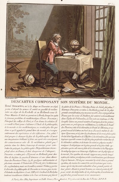 Cartesio che compone il suo sistema del mondo, c.1786-1792 da (after) Desfontaines