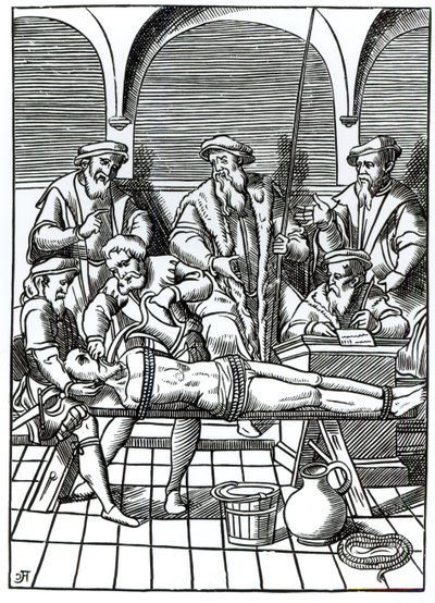 Tortura ad acqua, da una xilografia della "Praxis Rerum Criminalium" di Joos de Damhouder (1507-81) pubblicata ad Anversa da (after) Dutch School