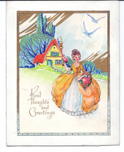 Opera originale per un biglietto di auguri di una signora in abito crinolina, un cottage e due uccellini azzurri, circa 1950 da (after) English School