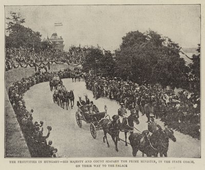 Le festività in Ungheria, Sua Maestà e il Conte Szapáry il Primo Ministro, nella carrozza di stato, sulla strada per il Palazzo (foto in bianco e nero) da (after) English photographer