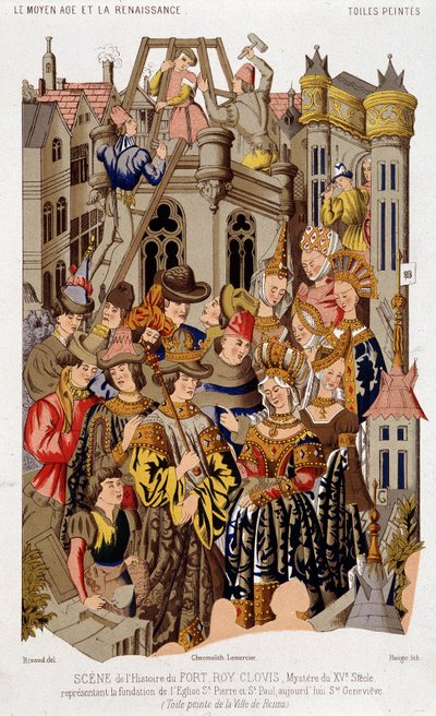Scena della storia di Fort Roy de Clovis. Mistero del XV secolo che rappresenta la fondazione della Chiesa di San Pietro e San Paolo, oggi Santa Genoveffa. (dalla) Tela dipinta della città di Reims. da (after) French School