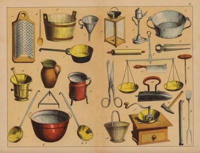 Utensili da cucina e attrezzi (litografia a colori) da (after) German School