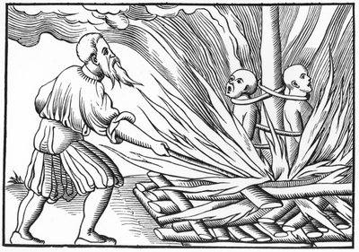 Punizione con il fuoco, da una xilografia della "Cosmographie Universelle" di Munster, pubblicata nel 1552 (litografia) (foto b/n) da (after) German School
