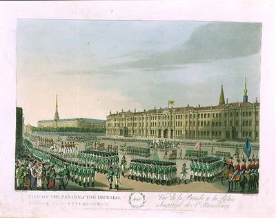 Vista della parata e del Palazzo Imperiale a San Pietroburgo, illustrazione per aprile da 