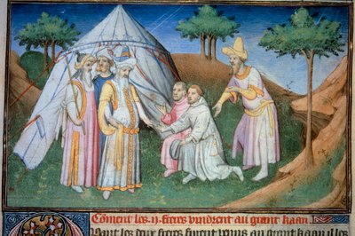 I fratelli Nicolo e Matteo Polo, padre e zio del giovane Marco Polo (1254-1324) ricevuti alla corte del Gran Qubilai (Kubilai Khan, primo imperatore della dinastia Yuan mongola (1215-1294), imperatore mongolo nel 1271). Miniatura da (and workshop) Boucicaut Master