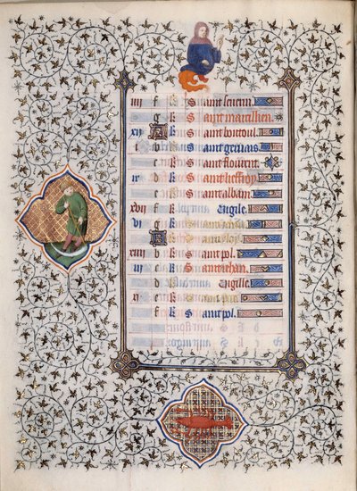 Pagina del manoscritto Les Tres Riches Hours du Duke Francois de Guise: rappresentazione dei segni dello zodiaco e scene di vita quotidiana: cancro e un uomo con una falce da (and workshop) Boucicaut Master