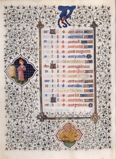 Pagina del manoscritto Les Tres Riches Hours du Duke Francois de Guise: rappresentazione dei segni dello zodiaco e scene di vita quotidiana: il leone da (and workshop) Boucicaut Master