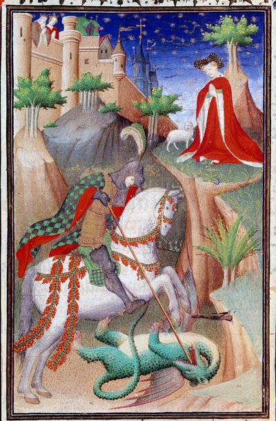 Pagina del manoscritto Les Tres Riches Hours du Duke Francois de Guise: rappresentazione di San Giorgio e il drago da (and workshop) Boucicaut Master