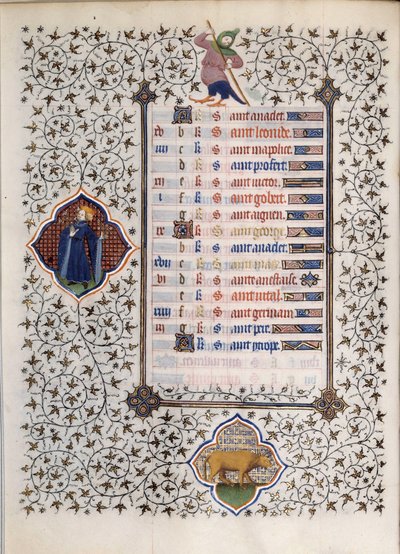 Pagina del manoscritto "Les Tres Riches Heures del Duca Francesco di Guisa" miniato dal Maestro di Boucicaut: rappresentazione dei segni dello zodiaco e scene di vita quotidiana: il toro. XV secolo. Museo Condé, Chantilly da (and workshop) Boucicaut Master