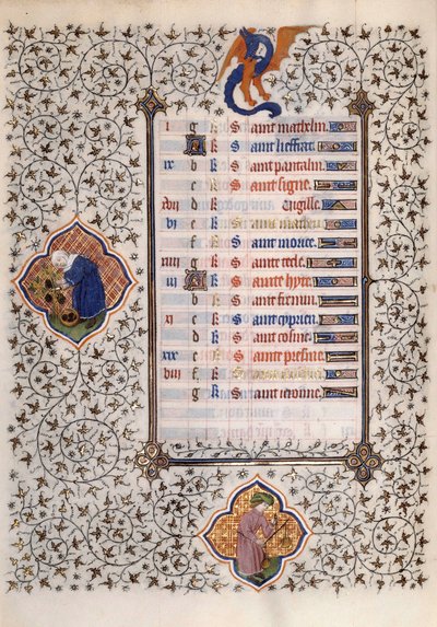 Pagina del manoscritto "Le Très Riches Heures del Duca Francesco di Guisa" illuminato dal Maestro di Boucicaut: rappresentazione dei segni dello zodiaco e del lavoro agricolo: bilancia e raccolto. XV secolo. Museo Condé, Chantilly da (and workshop) Boucicaut Master