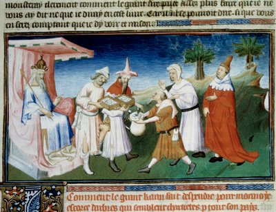 Qubilai (Kubilai Khan, primo imperatore della dinastia mongola Yuan (1215-1294) paga i suoi acquisti con monete di corteccia di gelso in miniatura tratte da "Il Libro delle Meraviglie" di Marco Polo ("Il Milione") illustrato dal Maestro di Boucicaut da (and workshop) Boucicaut Master