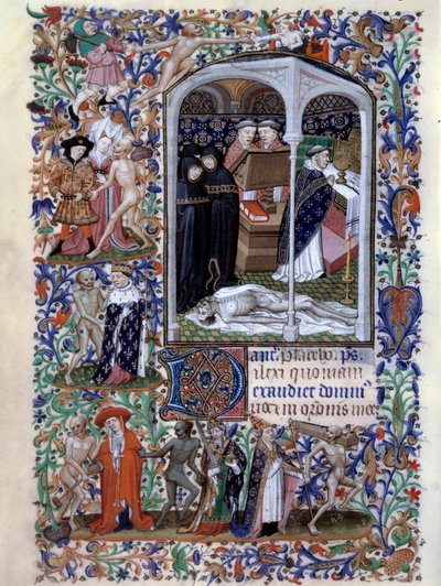 Scena di cerimonia funebre e danza macabra. Miniatura dal Libro delle ore per l