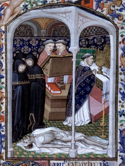 Scena di cerimonia funebre e danza macabra. Miniatura dal Libro delle ore usato a Parigi illuminata dall