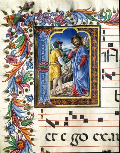 Lettera decorata che raffigura la tentazione di Cristo Miniatura di Liberale da Verona da (c.1445 1527) Liberale da Verona