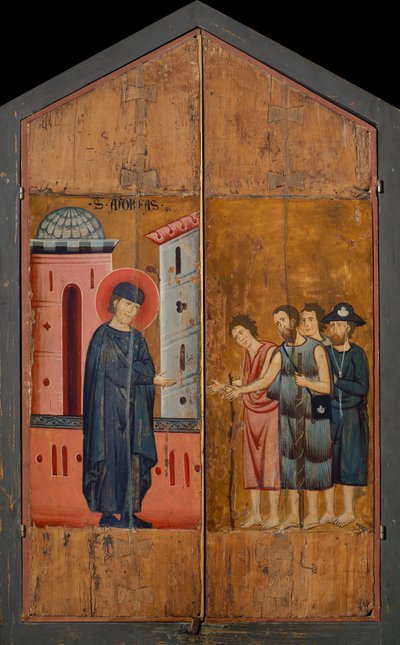 Dittico del Beato Andrea Gallerani: Il beato ospita Gallerani ricevendo pellegrini e mendicanti, pannelli esterni, c.1270 da (workshop of) Guido da Siena